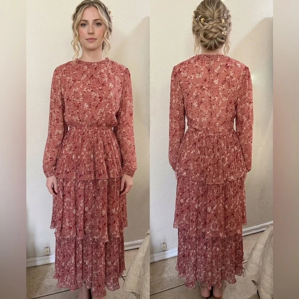 Rust Floral Tiered Long-Sleeve Maxi Dress - Picture 1 of 10